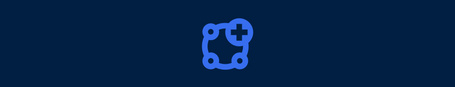 Blauw, abstract symbool met vier stippen, lijnen en een plusteken in een cirkel.