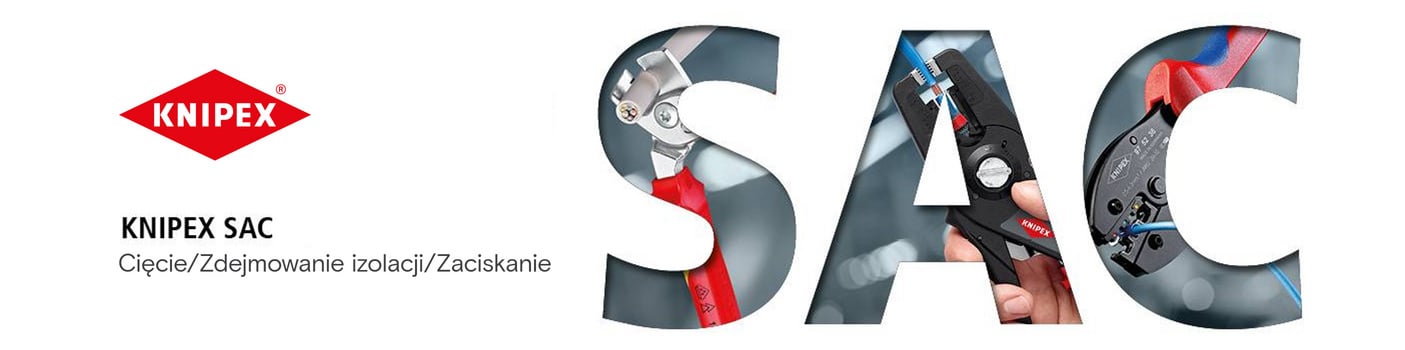 Baner reklamowy Knipex SAC z napisem „Cięcie/Zdejmowanie izolacji/Zaciskanie”. Litery „SAC” przedstawiają narzędzia Knipex w akcji.