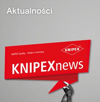 Zdjęcie z biuletynu Knipexnews, z czerwonym elementem graficznym i szczypcami Knipex wystającymi spod niego.