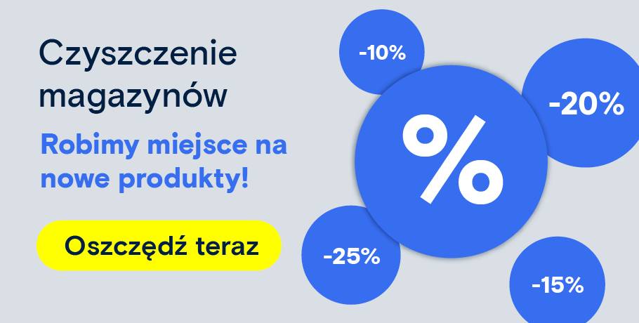 „Likwidacja zapasów” z niebieskimi okręgami procentowymi i przyciskiem „Zapisz teraz”. Przekierowanie do wyboru produktu na temat wyprzedaży magazynowej