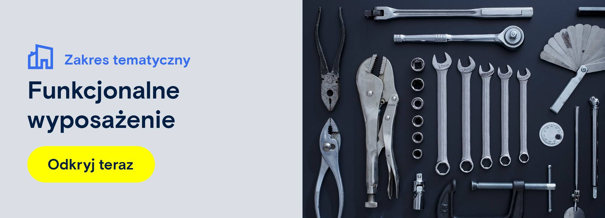 Na zdjęciu widoczne jest ogłoszenie dotyczące narzędzi i warsztatu. Przekierowanie do strony kategorii produktów związanych z narzędziami i warsztatem.