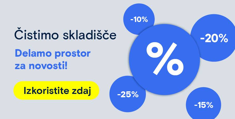 „Izpraznitev zalog“ z modrimi odstotnimi krogi in gumbom „Shrani zdaj“. Napotitev na izbiro izdelka na temo razprodaje zalog