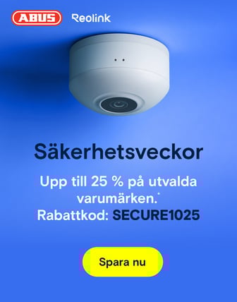 En annons för säkerhetsveckor med en säkerhetskamera på taket, en blå bakgrund och text.