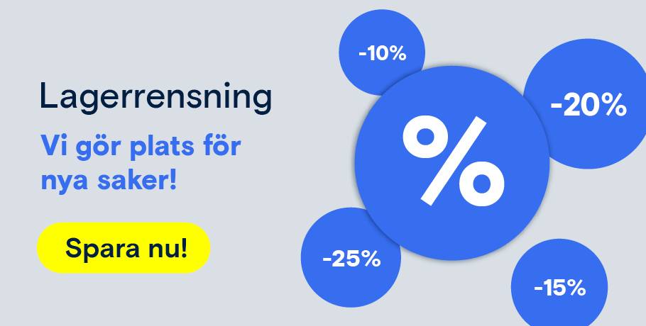 ”Lagerrensning” med blå procentcirklar och ”Spara nu”-knapp. Vidarebefordran till ett produktval i samband med lagerrensning