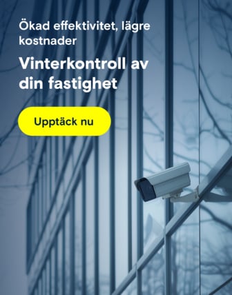 En övervakningskamera på glasfasaden av en byggnad en vinterdag. Texten frågar: "Är du redo för vintern?"
