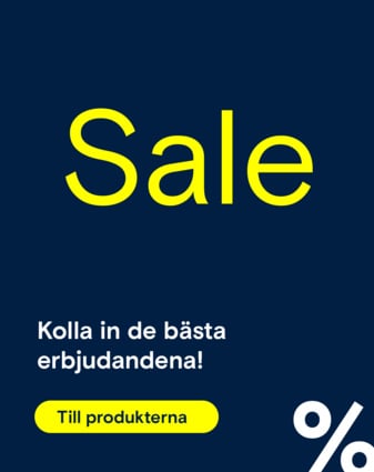 En mörkblå annons för en försäljning med gul text och ett procenttecken.
