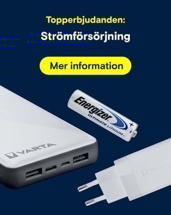 Bilden på strömförsörjningen visar en Varta powerbank, en Varta väggladdare och ett Energizer-batteri.