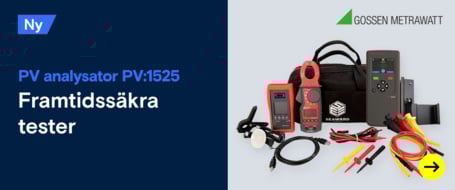 En annons för Gossen Metrawatt PV-testare PV:1525, med testaren, strömtången och kablar i bild. Texten lyder: "PV-testare PV:1525 Framtidssäker testning".