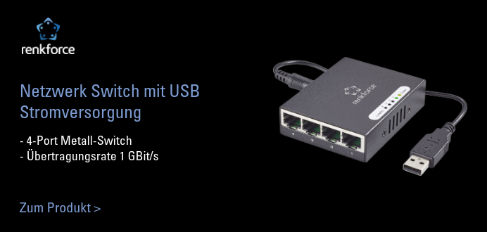 Renkforce 4-Port 1GBit/s Switch mit Stromversorgung über USB