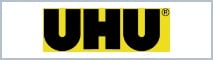 Markenlogo von UHU mit einer grauen Umrandung. Linkt zum UHU Markenshop